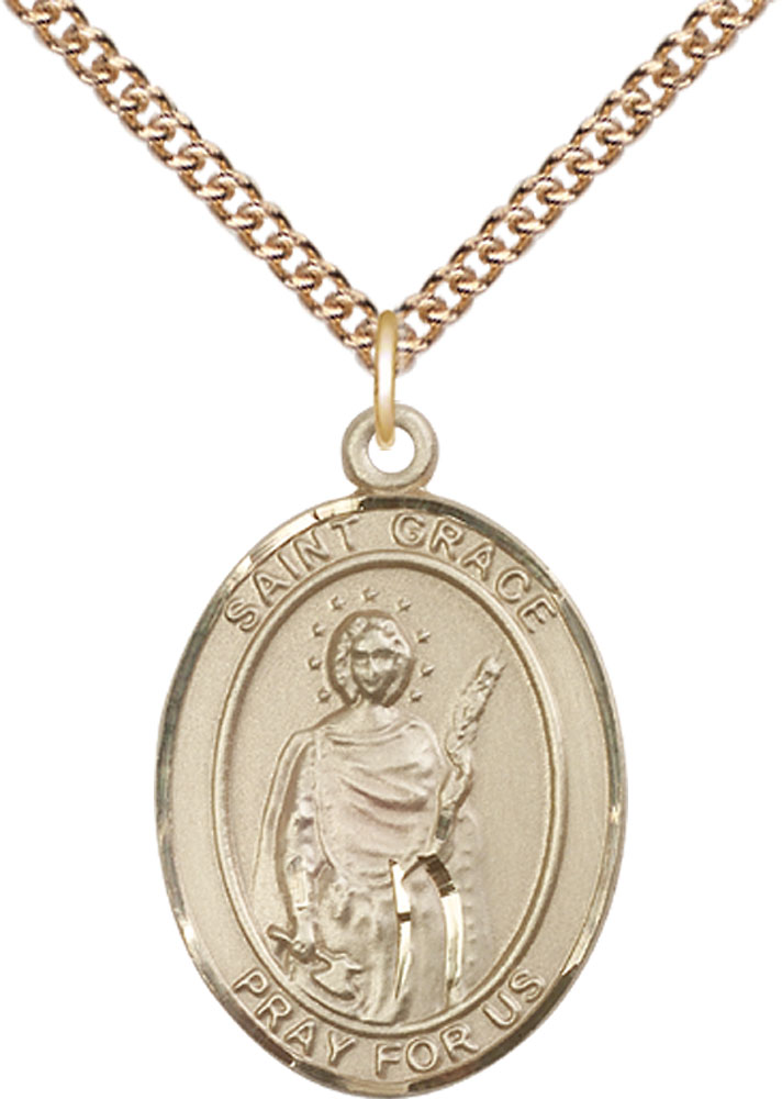 14kt Gold Filled Saint Grace Pendant on a 24 inch Gold Filled Heavy Curb chain