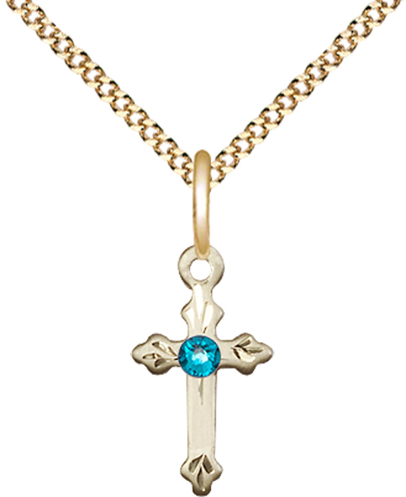 14kt Gold Filled Cross Pendant with a 3mm Zircon Swarovski stone on a 18 inch Gold Plate Light Curb chain