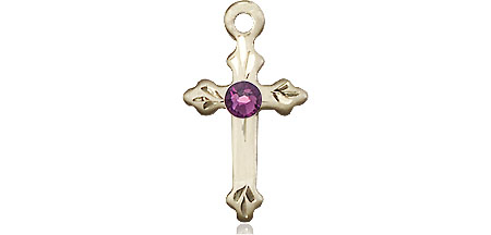 14kt Gold Filled Cross Medal with a 3mm Amethyst Swarovski stone