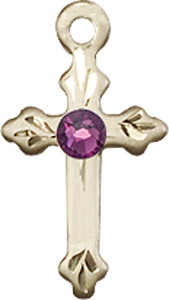14kt Gold Filled Cross Medal with a 3mm Amethyst Swarovski stone