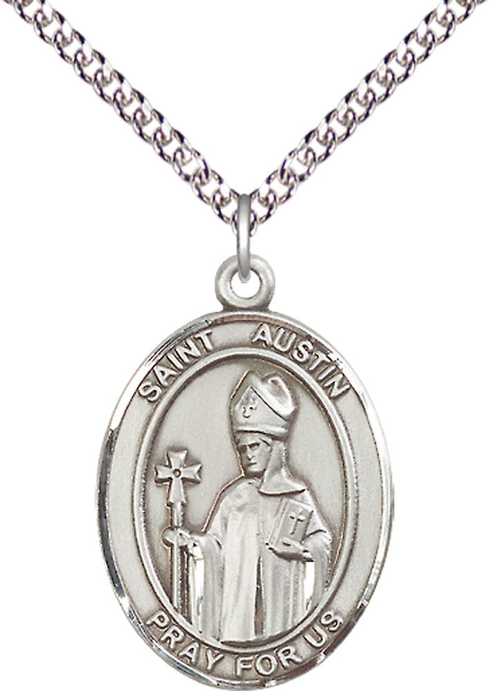 Sterling Silver Saint Austin Pendant on a 24 inch Sterling Silver Heavy Curb chain