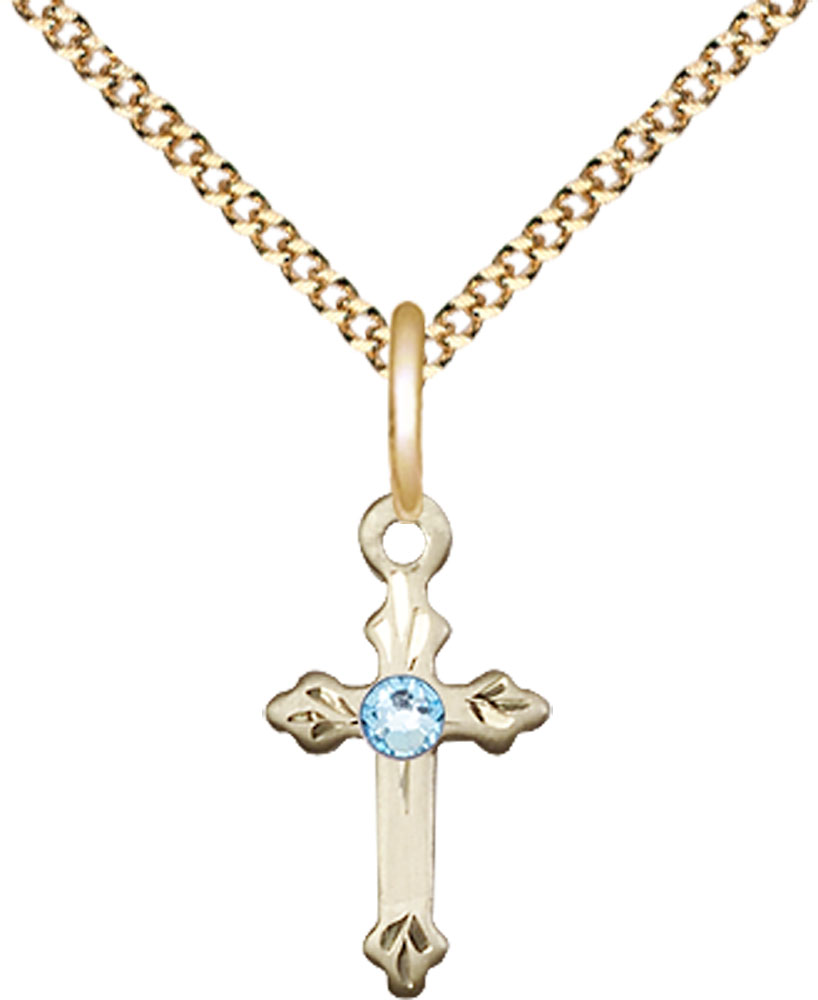 14kt Gold Filled Cross Pendant with a 3mm Aqua Swarovski stone on a 18 inch Gold Plate Light Curb chain