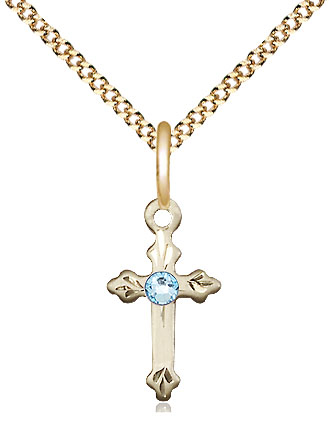 14kt Gold Filled Cross Pendant with a 3mm Aqua Swarovski stone on a 18 inch Gold Plate Light Curb chain