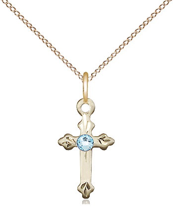 14kt Gold Filled Cross Pendant with a 3mm Aqua Swarovski stone on a 18 inch Gold Filled Light Curb chain