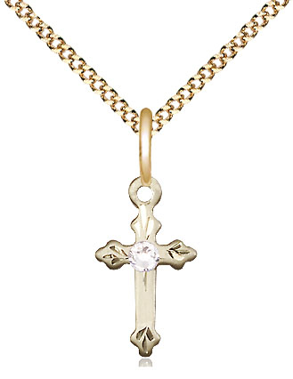 14kt Gold Filled Cross Pendant with a 3mm Crystal Swarovski stone on a 18 inch Gold Plate Light Curb chain