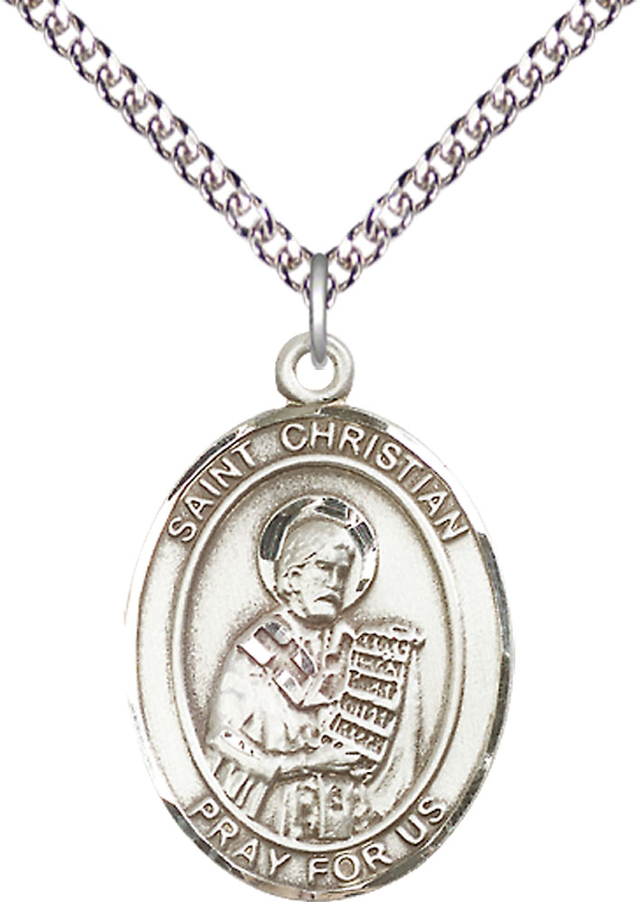 Sterling Silver Saint Christian Demosthenes Pendant on a 24 inch Sterling Silver Heavy Curb chain