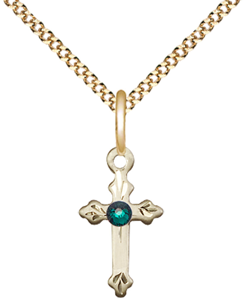 14kt Gold Filled Cross Pendant with a 3mm Emerald Swarovski stone on a 18 inch Gold Plate Light Curb chain