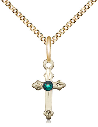 14kt Gold Filled Cross Pendant with a 3mm Emerald Swarovski stone on a 18 inch Gold Plate Light Curb chain