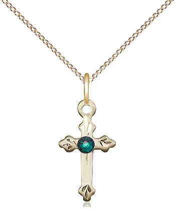 14kt Gold Filled Cross Pendant with a 3mm Emerald Swarovski stone on a 18 inch Gold Filled Light Curb chain