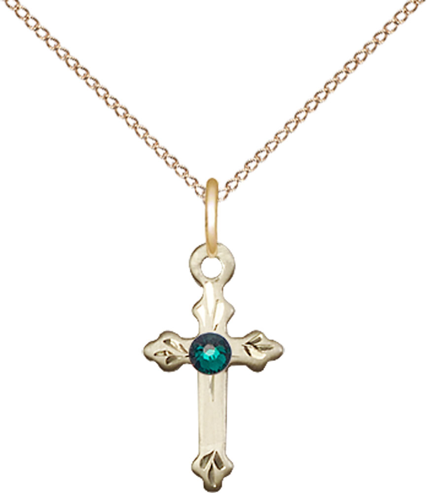 14kt Gold Filled Cross Pendant with a 3mm Emerald Swarovski stone on a 18 inch Gold Filled Light Curb chain