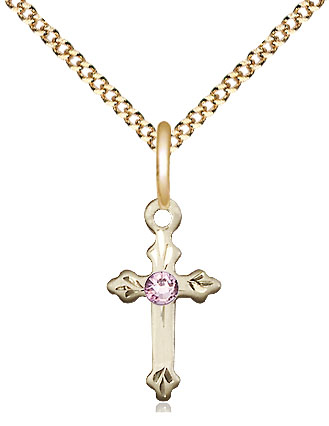 14kt Gold Filled Cross Pendant with a 3mm Light Amethyst Swarovski stone on a 18 inch Gold Plate Light Curb chain