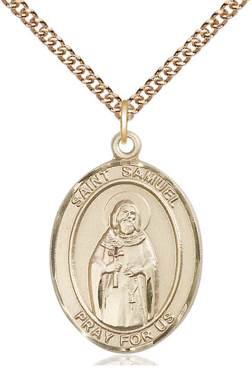 14kt Gold Filled Saint Samuel Pendant on a 24 inch Gold Filled Heavy Curb chain