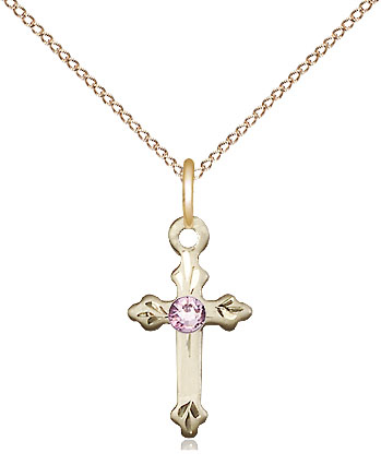 14kt Gold Filled Cross Pendant with a 3mm Light Amethyst Swarovski stone on a 18 inch Gold Filled Light Curb chain