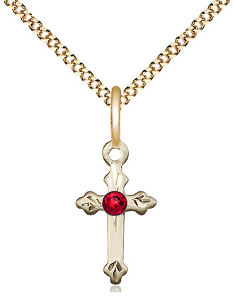 14kt Gold Filled Cross Pendant with a 3mm Ruby Swarovski stone on a 18 inch Gold Plate Light Curb chain