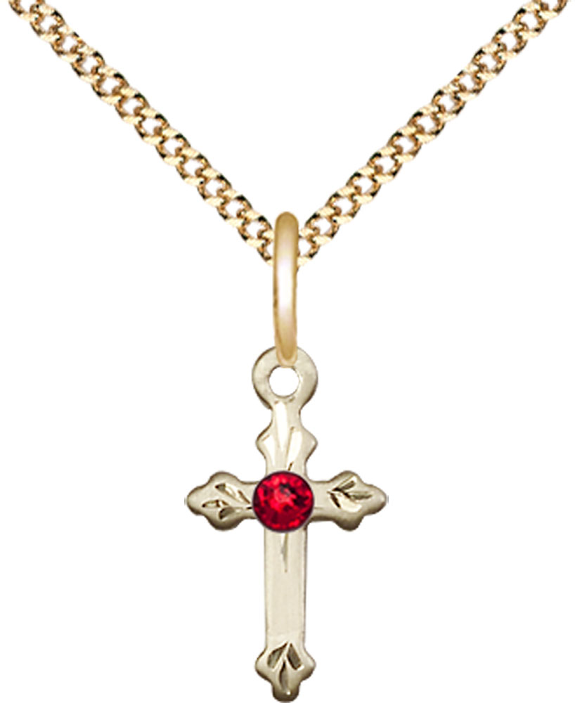 14kt Gold Filled Cross Pendant with a 3mm Ruby Swarovski stone on a 18 inch Gold Plate Light Curb chain