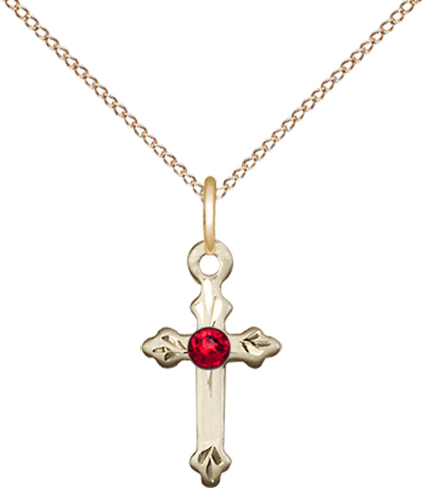 14kt Gold Filled Cross Pendant with a 3mm Ruby Swarovski stone on a 18 inch Gold Filled Light Curb chain