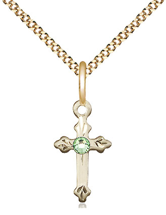 14kt Gold Filled Cross Pendant with a 3mm Peridot Swarovski stone on a 18 inch Gold Plate Light Curb chain