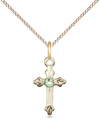 14kt Gold Filled Cross Pendant with a 3mm Peridot Swarovski stone on a 18 inch Gold Filled Light Curb chain