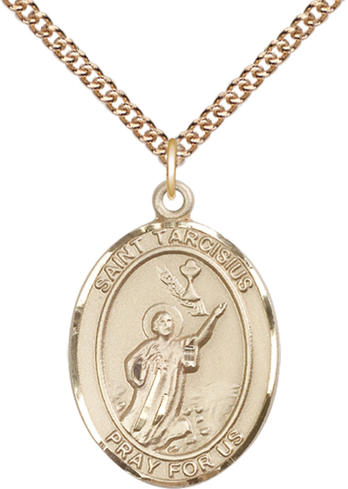 14kt Gold Filled Saint Tarcisius Pendant on a 24 inch Gold Filled Heavy Curb chain