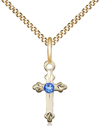 14kt Gold Filled Cross Pendant with a 3mm Sapphire Swarovski stone on a 18 inch Gold Plate Light Curb chain