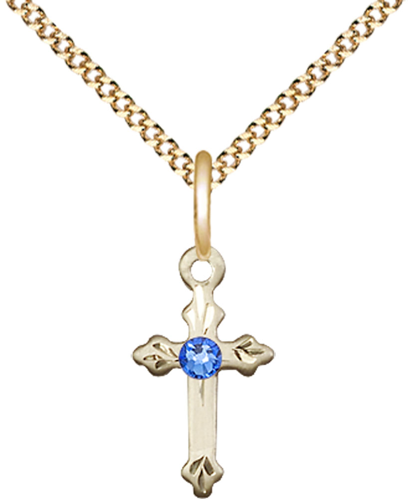 14kt Gold Filled Cross Pendant with a 3mm Sapphire Swarovski stone on a 18 inch Gold Plate Light Curb chain