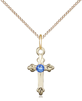 14kt Gold Filled Cross Pendant with a 3mm Sapphire Swarovski stone on a 18 inch Gold Filled Light Curb chain