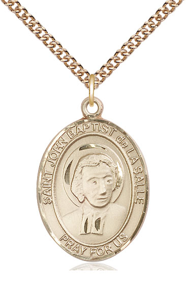 14kt Gold Filled Saint John Baptist de la Salle Pendant on a 24 inch Gold Filled Heavy Curb chain