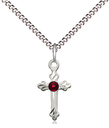 Sterling Silver Cross Pendant with a 3mm Garnet Swarovski stone on a 18 inch Light Rhodium Light Curb chain