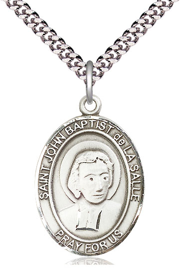 Sterling Silver Saint John Baptist de la Salle Pendant on a 24 inch Light Rhodium Heavy Curb chain