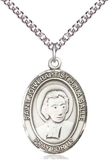 Sterling Silver Saint John Baptist de la Salle Pendant on a 24 inch Sterling Silver Heavy Curb chain