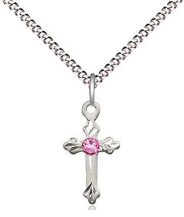 Sterling Silver Cross Pendant with a 3mm Rose Swarovski stone on a 18 inch Light Rhodium Light Curb chain