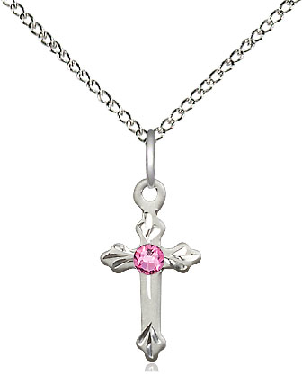 Sterling Silver Cross Pendant with a 3mm Rose Swarovski stone on a 18 inch Sterling Silver Light Curb chain