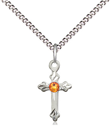 Sterling Silver Cross Pendant with a 3mm Topaz Swarovski stone on a 18 inch Light Rhodium Light Curb chain