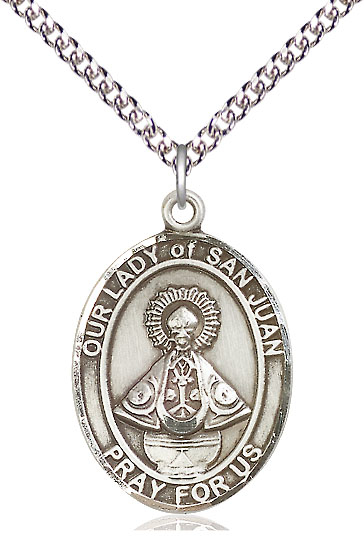 Sterling Silver Our Lady of San Juan Pendant on a 24 inch Sterling Silver Heavy Curb chain