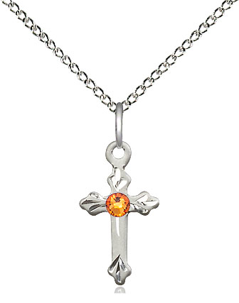 Sterling Silver Cross Pendant with a 3mm Topaz Swarovski stone on a 18 inch Sterling Silver Light Curb chain