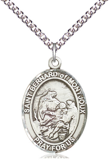 Sterling Silver Saint Bernard of Montjoux Pendant on a 24 inch Sterling Silver Heavy Curb chain