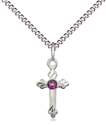 Sterling Silver Cross Pendant with a 3mm Amethyst Swarovski stone on a 18 inch Light Rhodium Light Curb chain