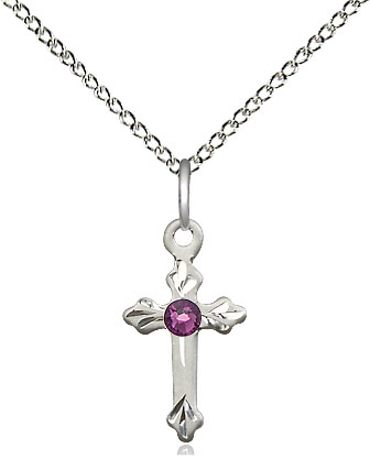 Sterling Silver Cross Pendant with a 3mm Amethyst Swarovski stone on a 18 inch Sterling Silver Light Curb chain