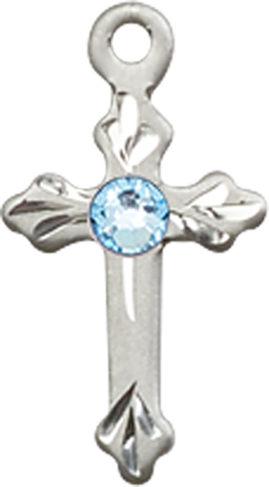 Sterling Silver Cross Medal with a 3mm Aqua Swarovski stone