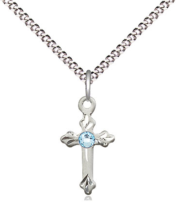 Sterling Silver Cross Pendant with a 3mm Aqua Swarovski stone on a 18 inch Light Rhodium Light Curb chain