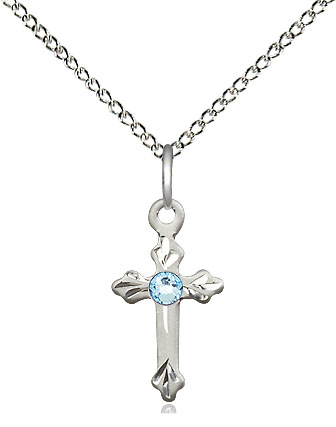 Sterling Silver Cross Pendant with a 3mm Aqua Swarovski stone on a 18 inch Sterling Silver Light Curb chain