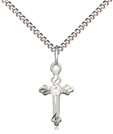 Sterling Silver Cross Pendant with a 3mm Crystal Swarovski stone on a 18 inch Light Rhodium Light Curb chain