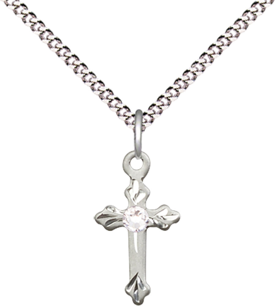 Sterling Silver Cross Pendant with a 3mm Crystal Swarovski stone on a 18 inch Light Rhodium Light Curb chain