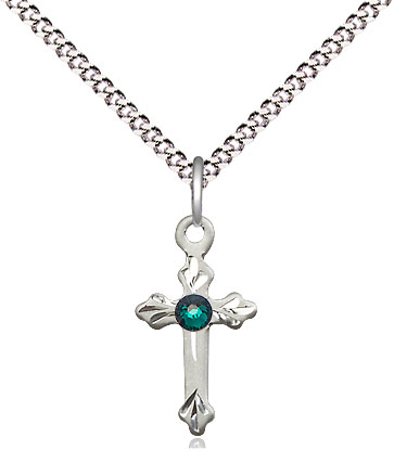 Sterling Silver Cross Pendant with a 3mm Emerald Swarovski stone on a 18 inch Light Rhodium Light Curb chain