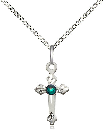 Sterling Silver Cross Pendant with a 3mm Emerald Swarovski stone on a 18 inch Sterling Silver Light Curb chain