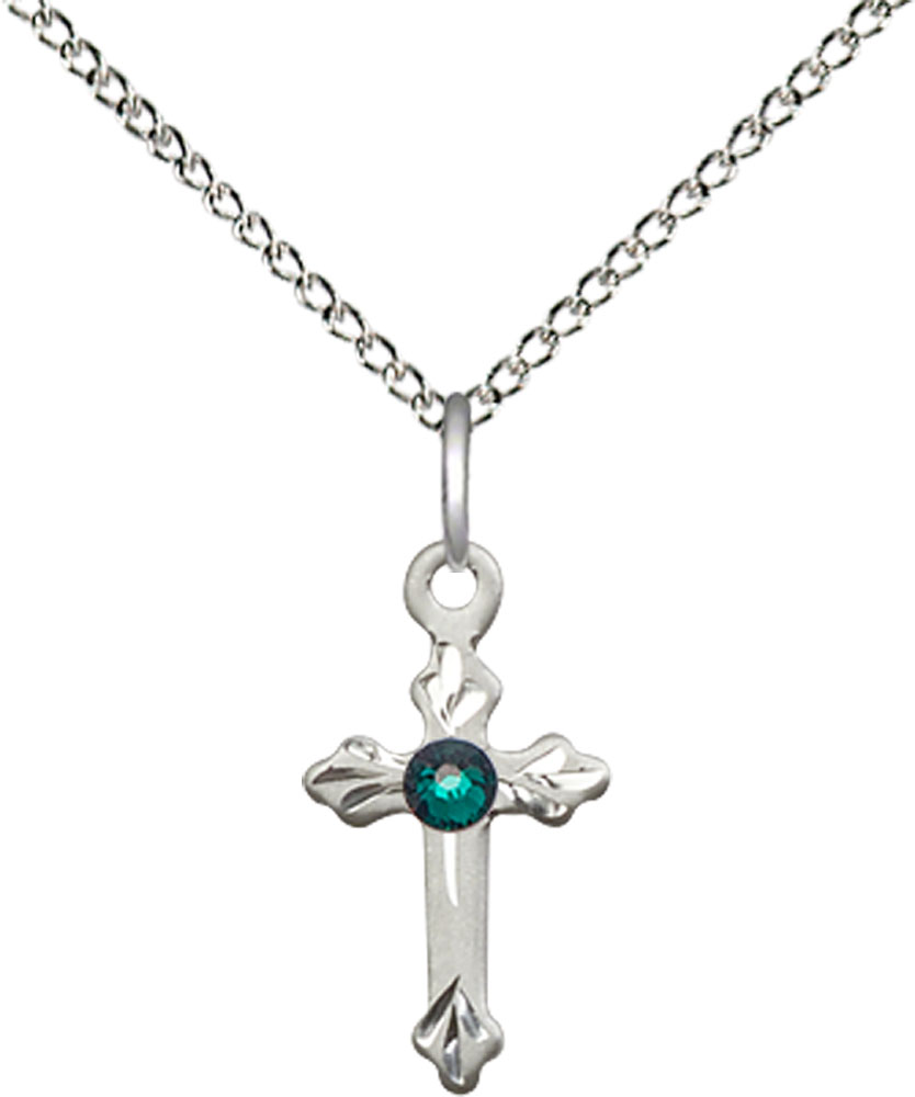 Sterling Silver Cross Pendant with a 3mm Emerald Swarovski stone on a 18 inch Sterling Silver Light Curb chain