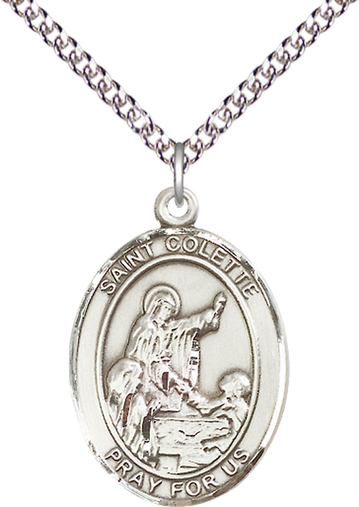 Sterling Silver Saint Colette Pendant on a 24 inch Sterling Silver Heavy Curb chain
