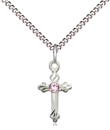 Sterling Silver Cross Pendant with a 3mm Light Amethyst Swarovski stone on a 18 inch Light Rhodium Light Curb chain