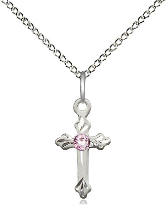 Sterling Silver Cross Pendant with a 3mm Light Amethyst Swarovski stone on a 18 inch Sterling Silver Light Curb chain