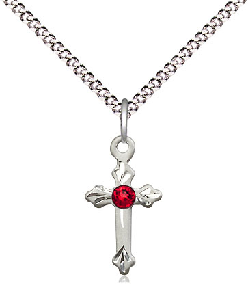 Sterling Silver Cross Pendant with a 3mm Ruby Swarovski stone on a 18 inch Light Rhodium Light Curb chain